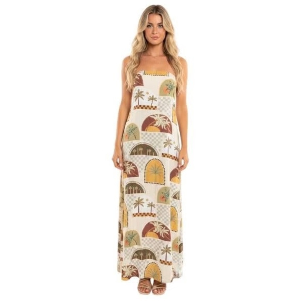 New Large Paper Heart Anthropologie Strapless Vacation Boho Linen Maxi Dress